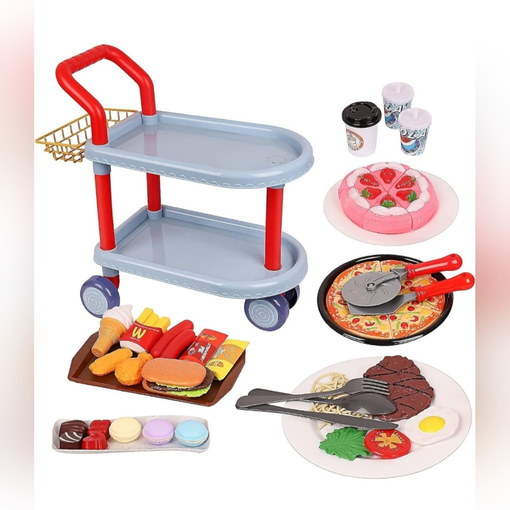 NEW Dining Cart Toy 81pcs Food, Kids Pretend Role Play Food Kitchen Playset